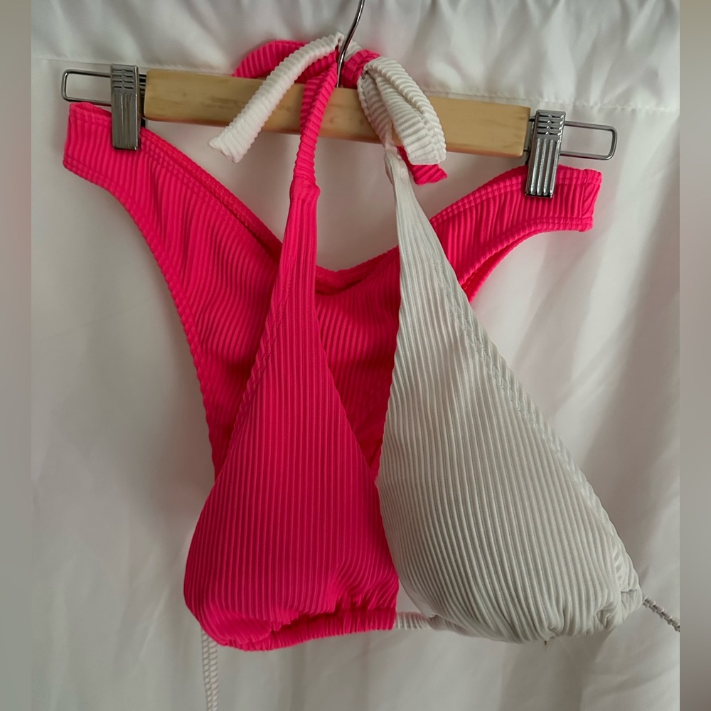 Hot pink and white asymmetrical bikini set
